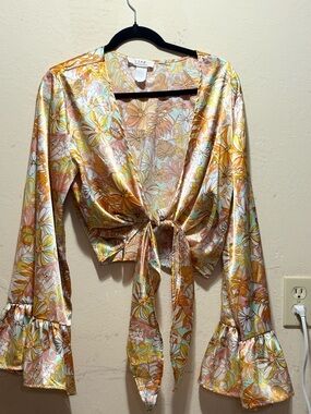 LIFE Floral Satin Tie-Front Tunic in Yellow & Pink